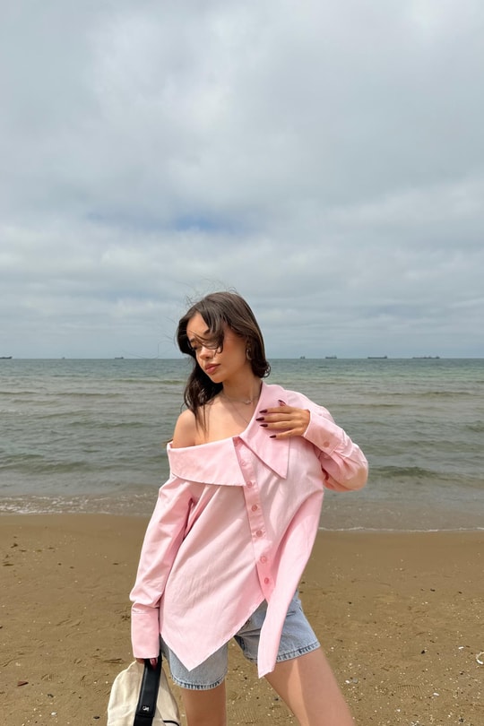 Bebe Yaka Asimetrik Gömlek Pembe