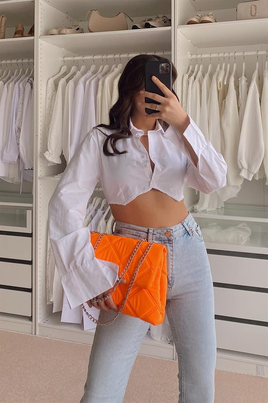 Bel Lastikli Crop Gömlek Beyaz