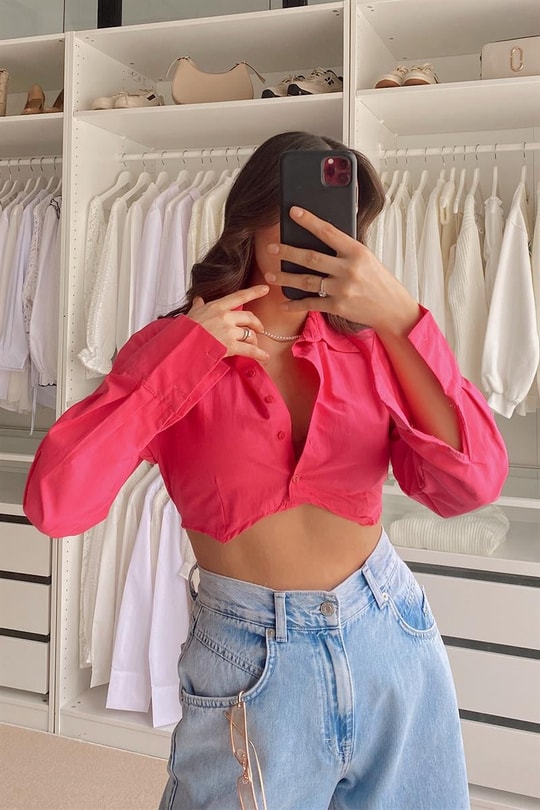 Bel Lastikli Crop Gömlek Fuşya