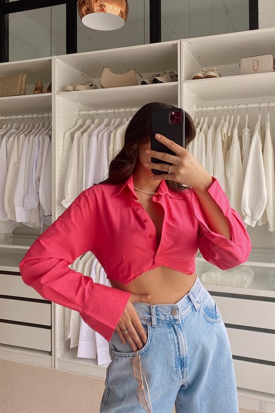 Bel Lastikli Crop Gömlek Fuşya
