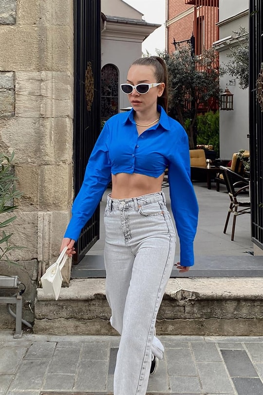 Bel Lastikli Crop Gömlek Saks Mavisi