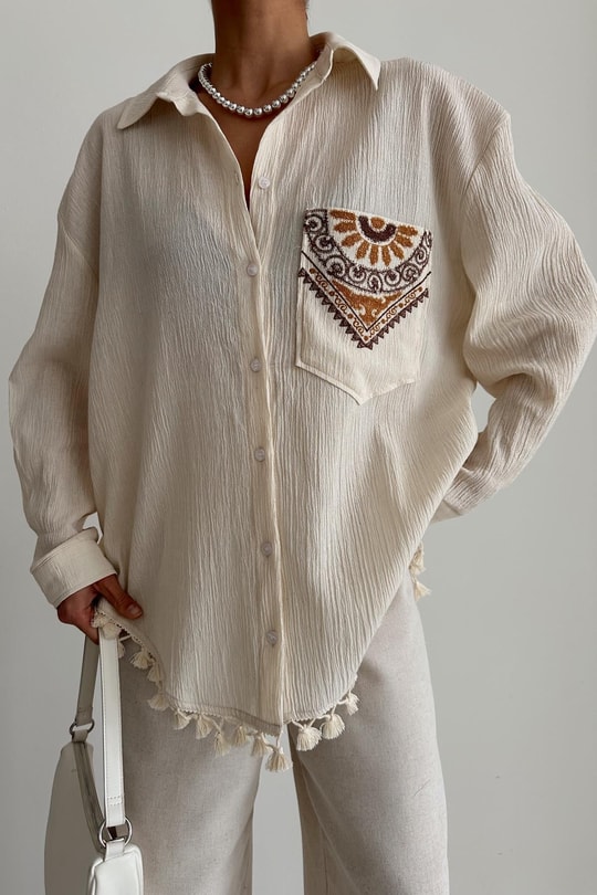 Bohem Nakışlı Gömlek Bej