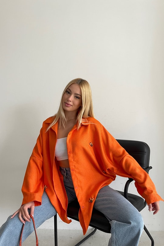 Boncuk İşlemeli Oversize Gömlek Oranj