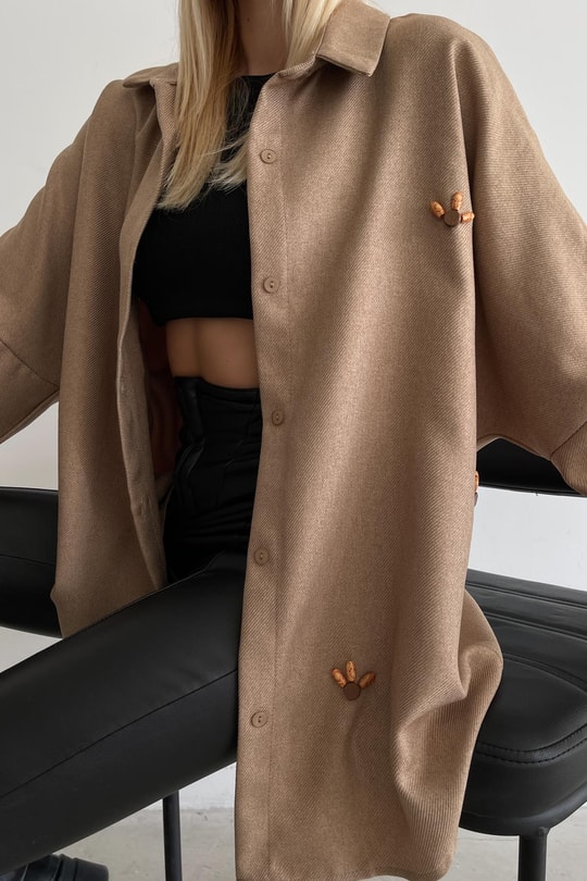 Boncuk İşlemeli Oversize Gömlek Camel