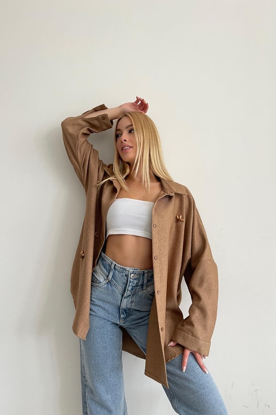 Boncuk İşlemeli Oversize Gömlek Camel