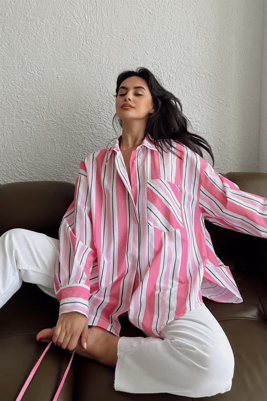 Cep Detay Çizgili Oversize Gömlek Pembe