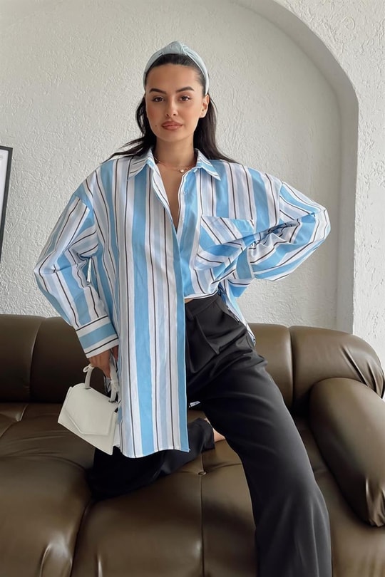 Cep Detay Çizgili Oversize Gömlek Mavi