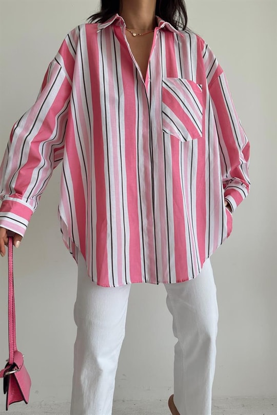 Cep Detay Çizgili Oversize Gömlek Pembe