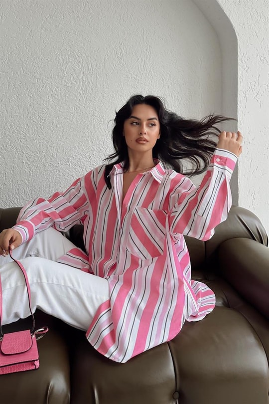 Cep Detay Çizgili Oversize Gömlek Pembe