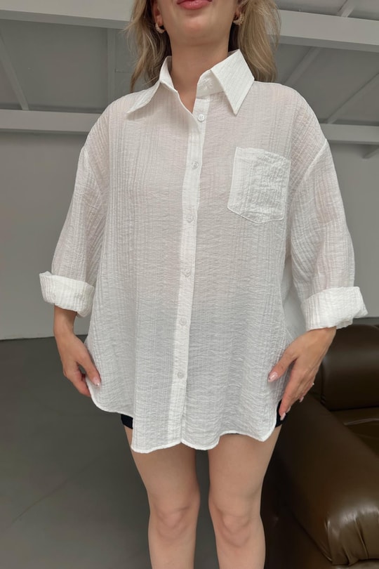Cepli Oversize Krinkıl Gömlek Beyaz