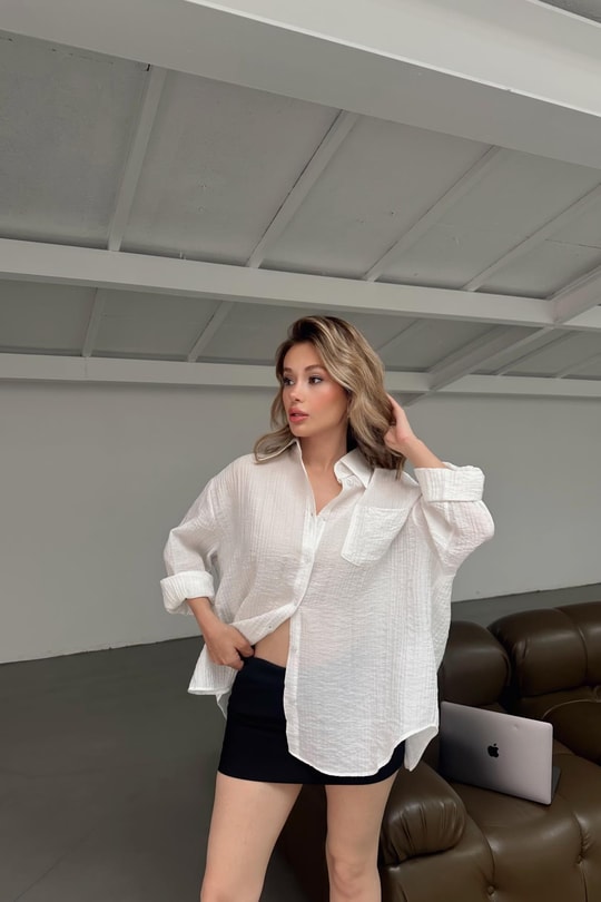 Cepli Oversize Krinkıl Gömlek Beyaz