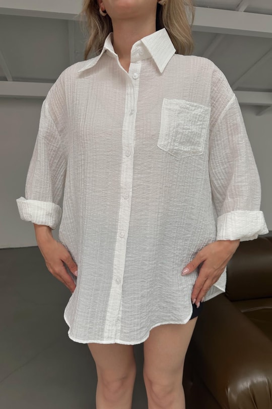 Cepli Oversize Krinkıl Gömlek Beyaz