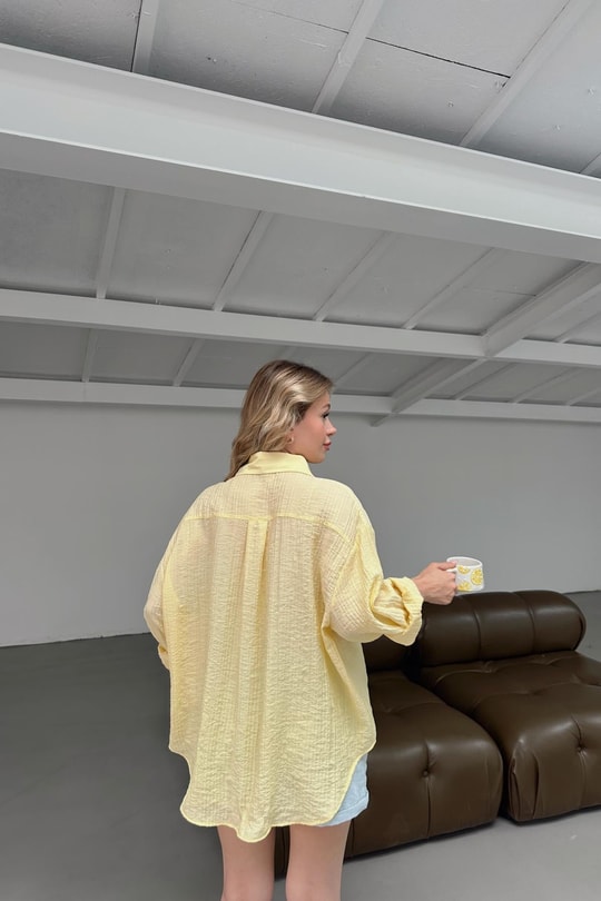 Cepli Oversize Krinkıl Gömlek Sarı