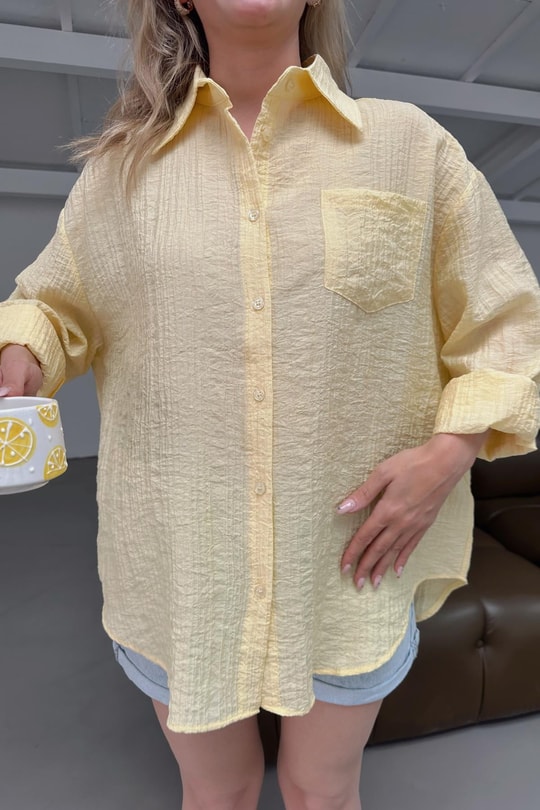 Cepli Oversize Krinkıl Gömlek Sarı