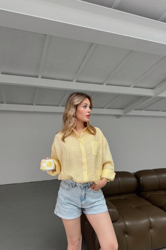 Cepli Oversize Krinkıl Gömlek Sarı