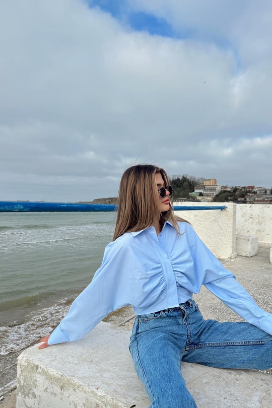 Check Büzgü Crop Gömlek Bebe Mavi