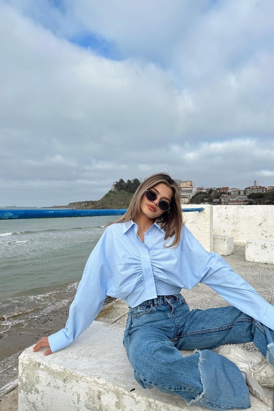 Check Büzgü Crop Gömlek Bebe Mavi