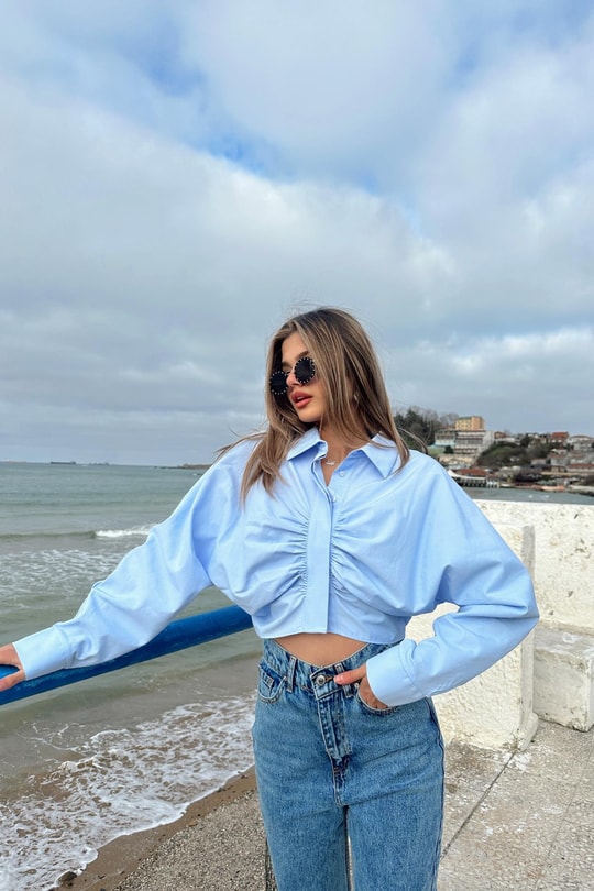 Check Büzgü Crop Gömlek Bebe Mavi