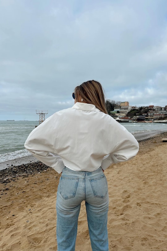Check Büzgü Crop Gömlek Beyaz