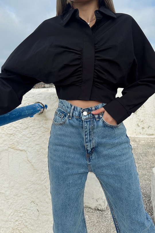Check Büzgü Crop Gömlek Siyah