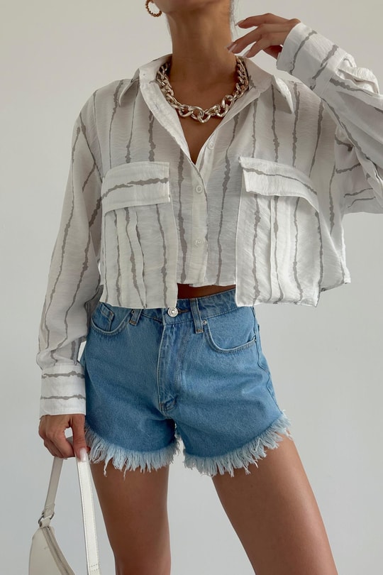 Çift Cep Crinkle Crop Gömlek Ekru