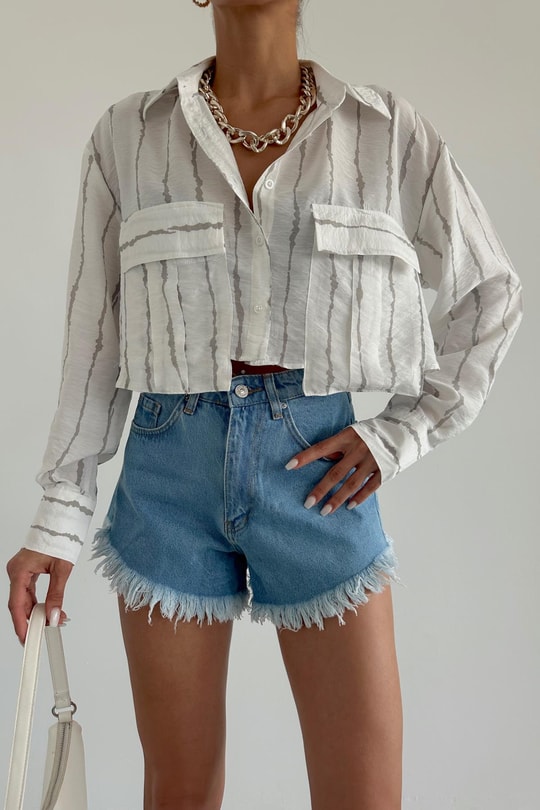 Çift Cep Crinkle Crop Gömlek Ekru