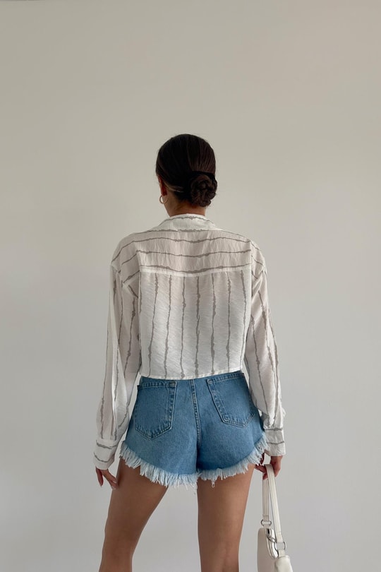 Çift Cep Crinkle Crop Gömlek Ekru