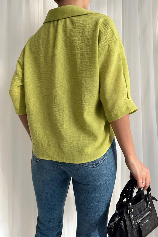 Çift Cep Midi Kol Crop Gömlek Fıstık Yeşili