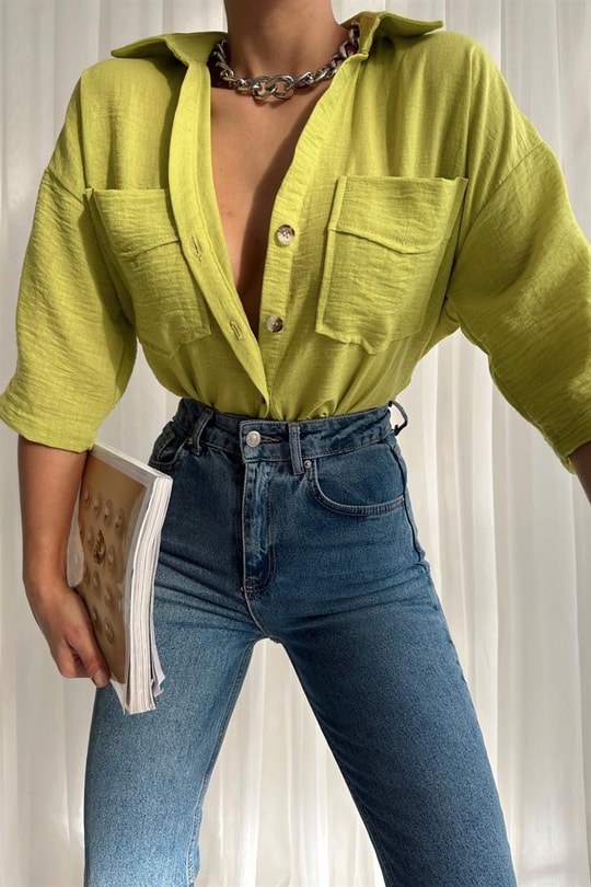 Çift Cep Midi Kol Crop Gömlek Fıstık Yeşili