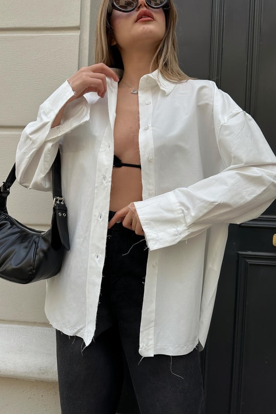Çift Yaka Oversize Poplin Gömlek Beyaz
