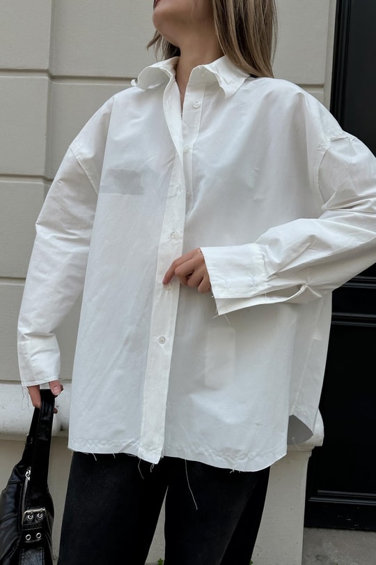 Çift Yaka Oversize Poplin Gömlek Beyaz