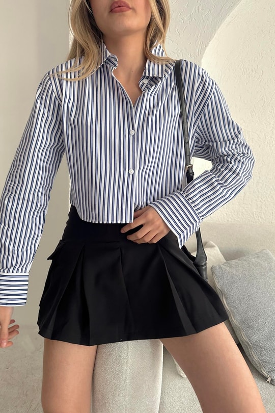 Çizgili Crop Gömlek Lacivert