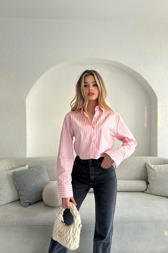 Çizgili Crop Gömlek Pembe