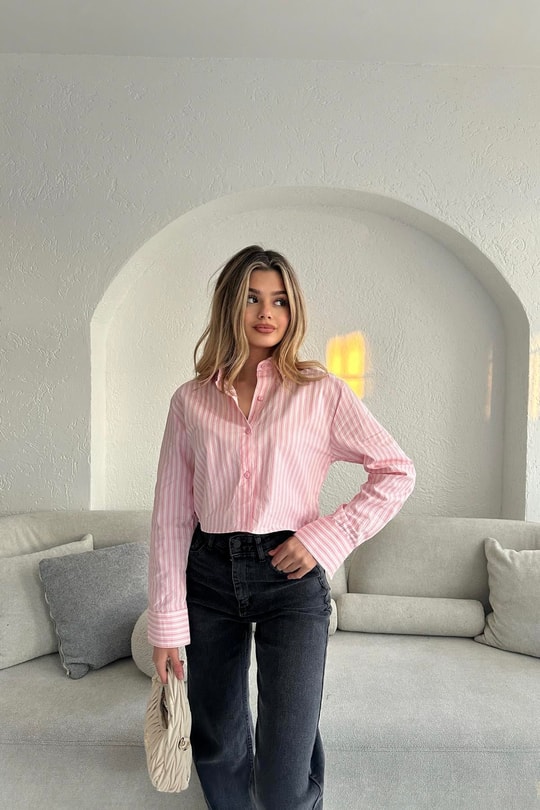 Çizgili Crop Gömlek Pembe