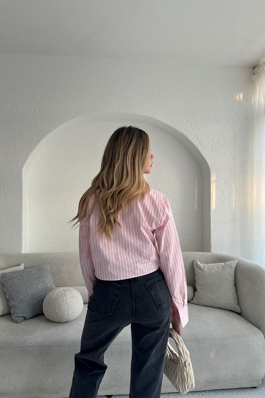 Çizgili Crop Gömlek Pembe
