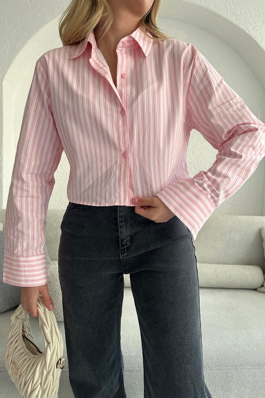 Çizgili Crop Gömlek Pembe