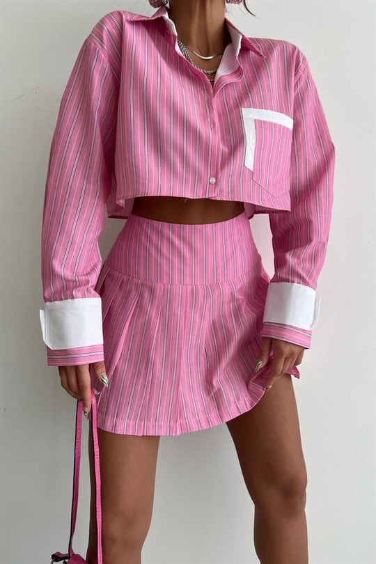 Çizgili Crop Gömlek Pembe