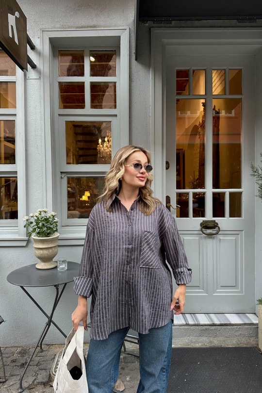 Çizgili Oversize Gömlek Antrasit