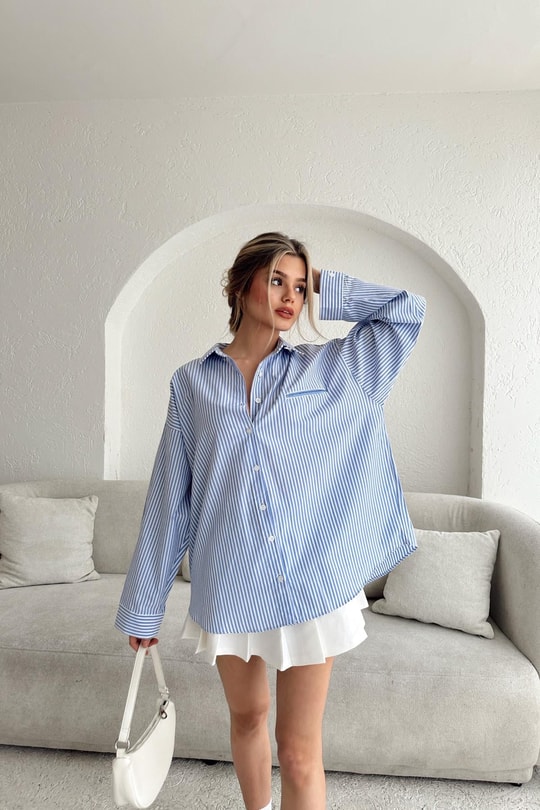 Çizgili Oversize Gömlek Mavi