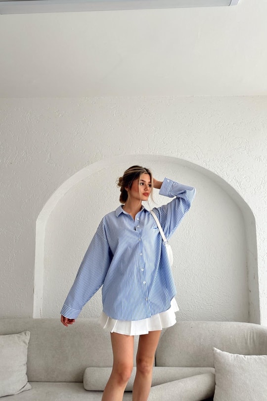 Çizgili Oversize Gömlek Mavi