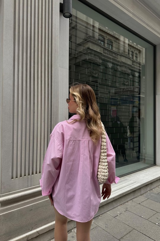 Çizgili Oversize Poplin Gömlek Pembe