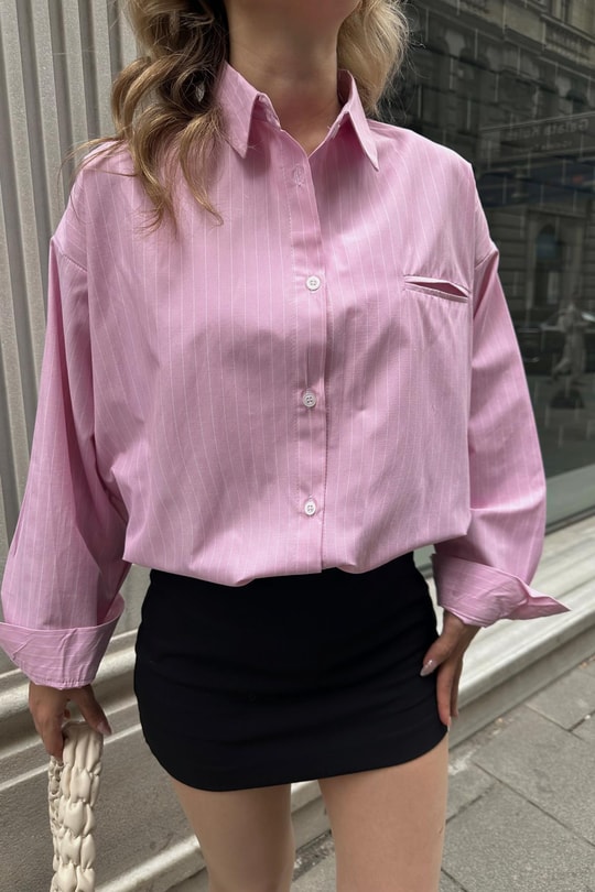 Çizgili Oversize Poplin Gömlek Pembe