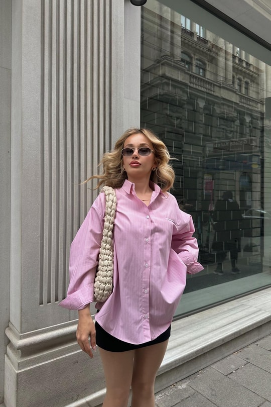 Çizgili Oversize Poplin Gömlek Pembe