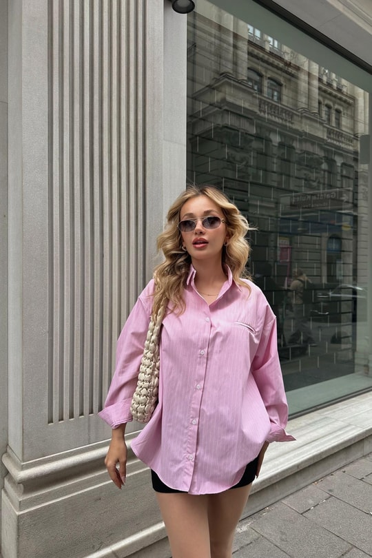Çizgili Oversize Poplin Gömlek Pembe