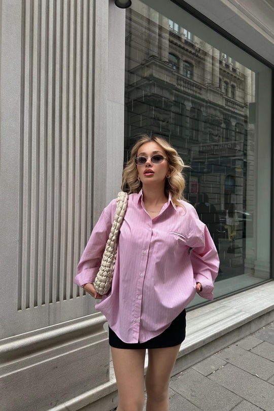 Çizgili Oversize Poplin Gömlek Pembe