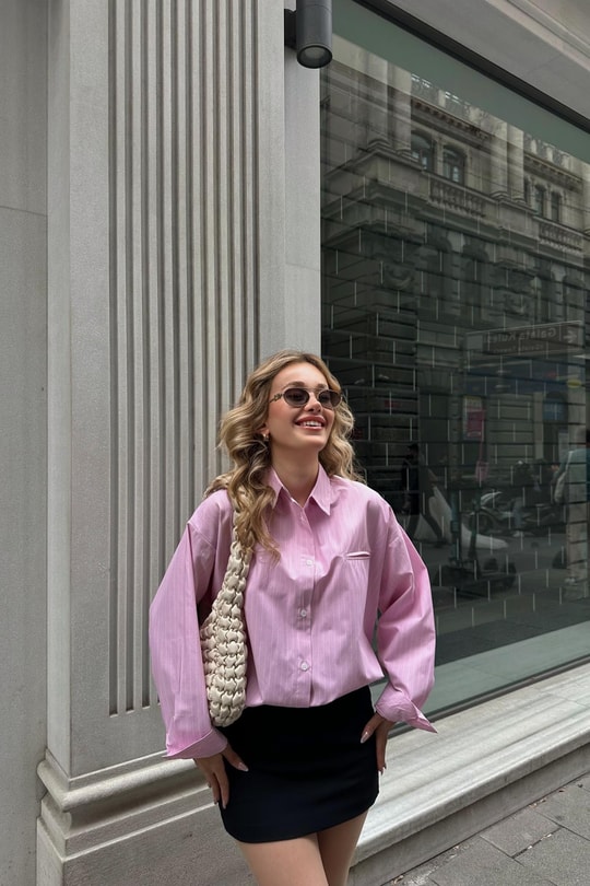 Çizgili Oversize Poplin Gömlek Pembe