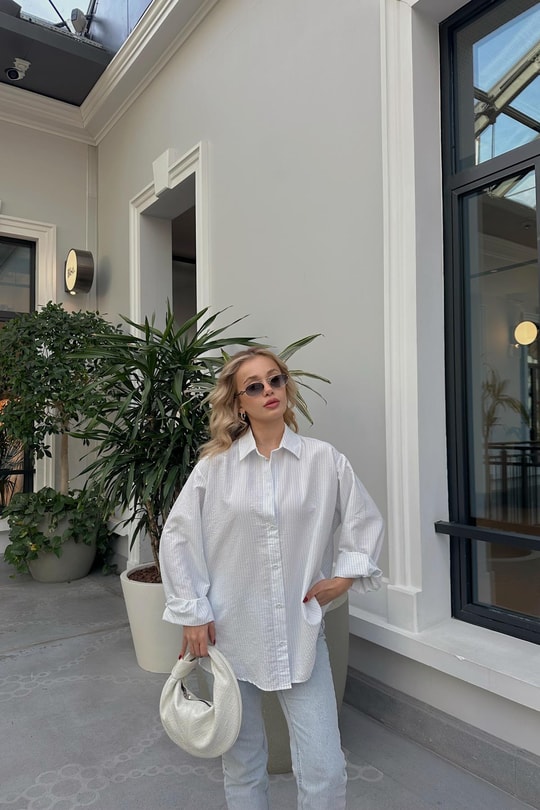 Çizgili Relax Fit Gömlek Beyaz