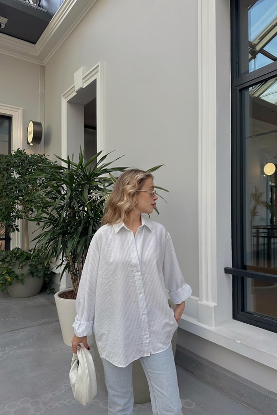 Çizgili Relax Fit Gömlek Beyaz