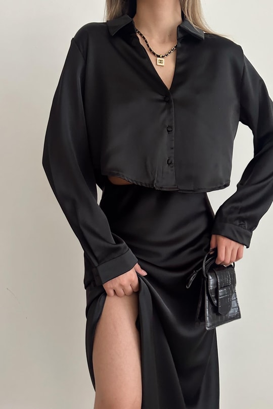 Coton Saten Gömlek Siyah