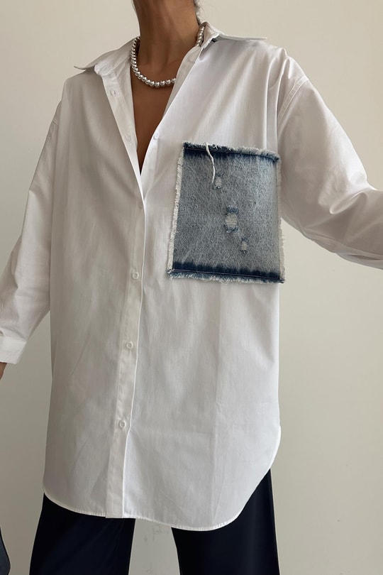Denim Match Poplin Gömlek Beyaz